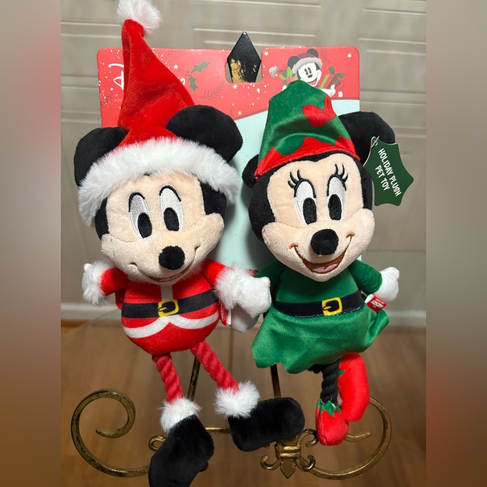 Disney Mickey & Minnie Mouse Christmas 14” & 11” Plush  Dog Toy With Squeaker